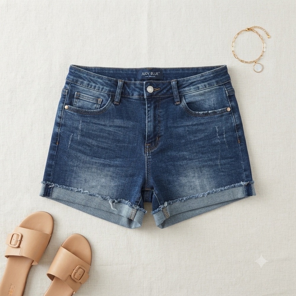 Judy Blue Denim Shorts Womens 29 Blue Cuffed Raw Hem Distressed Casual Summer